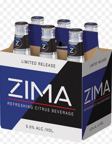 Manufacturer's photo of a six-pack of Zima bottles